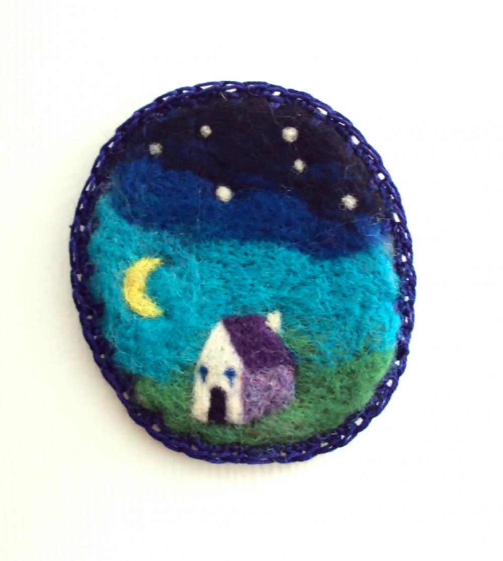Felt Brooch,blue Night Sky Landscape Pin, Needle Felted Moon Badge, Made To Order.