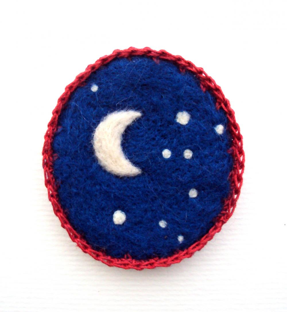 Felt Brooch, Ultramarine Blue Night Sky, Needle Felted Crescent .moon Badge, Made To Order
