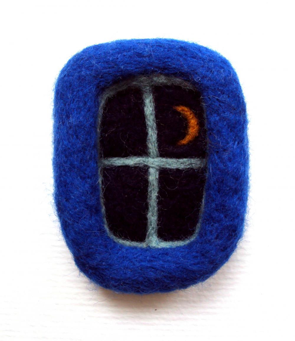 Felt Brooch, Dark Blue Window, Needle Felted Crescent Moon Badge, Made To Order.