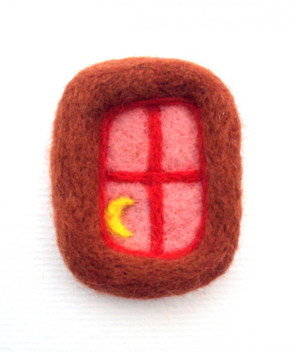 Felt Brooch, Orange And Red Window, Needle Felted Crescent Moon Badge, Made To Order.