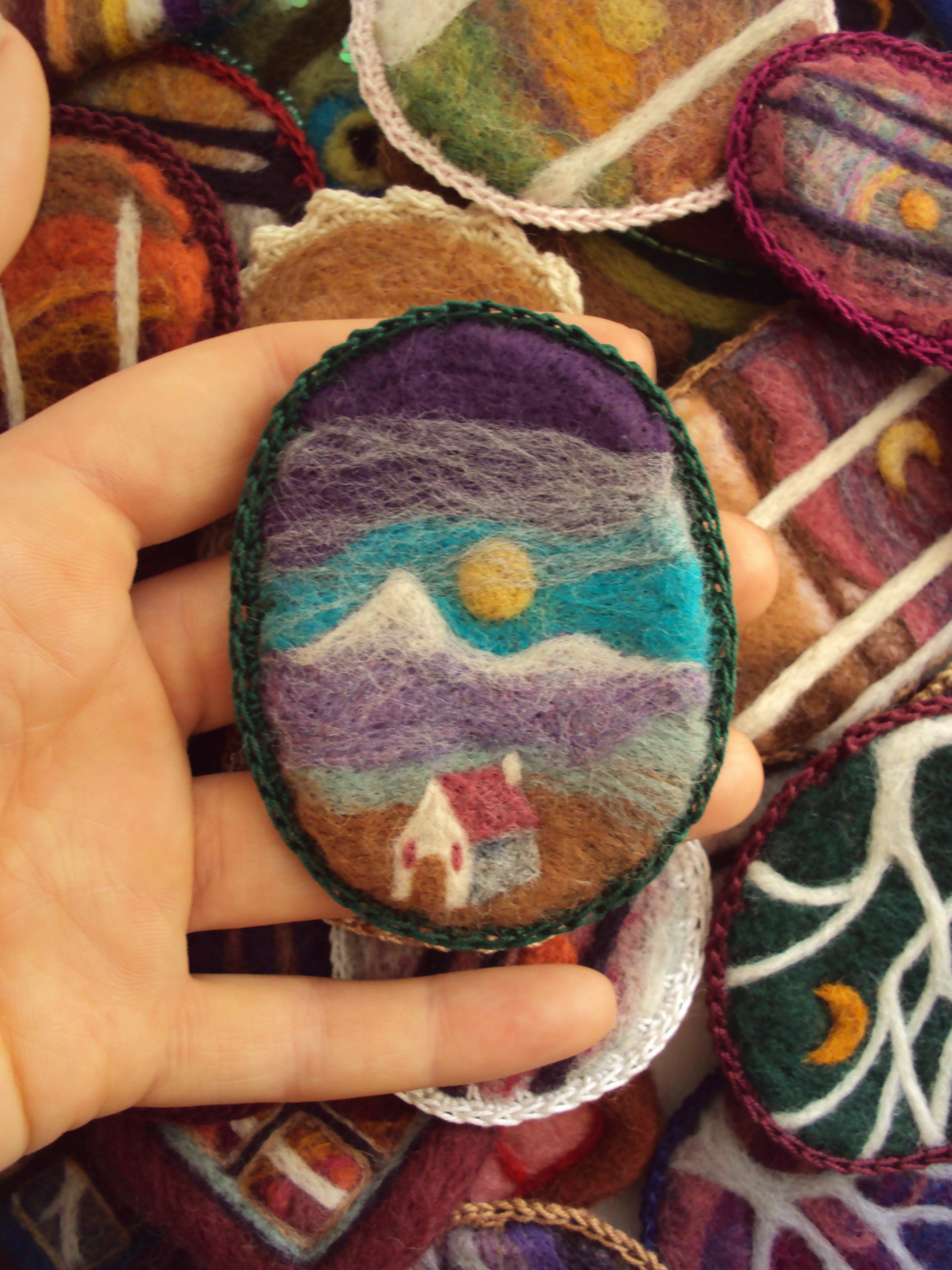 Felt Brooch, Landscape Pin, Purple Needle Felted Badge, Made To Order